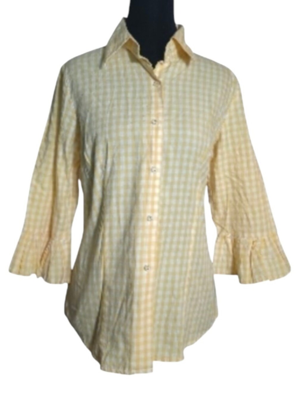Lucy & Laurel Medium Sunshine Yellow Gingham 3/4 Ruffle Sleeve Button-Up Shirt